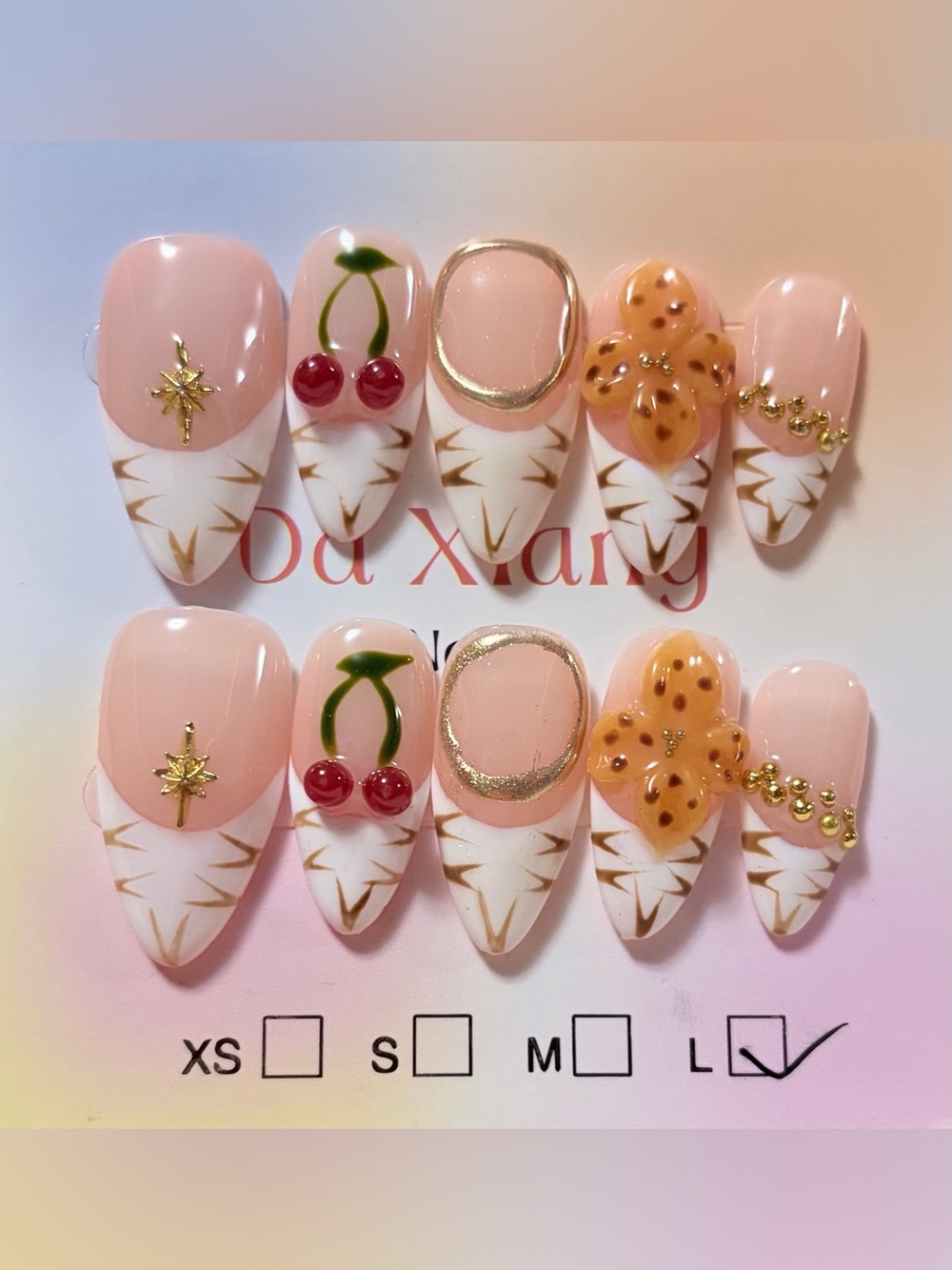 Hand-Painted Pink Cherry & Floral Press-On Nail Set